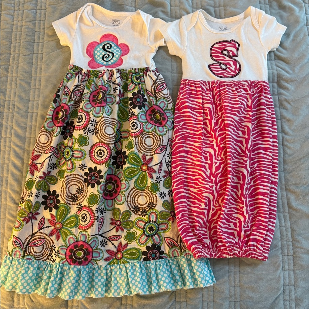 Newborn to 3 month Monogrammed “S” handmade dresses with onesie attached